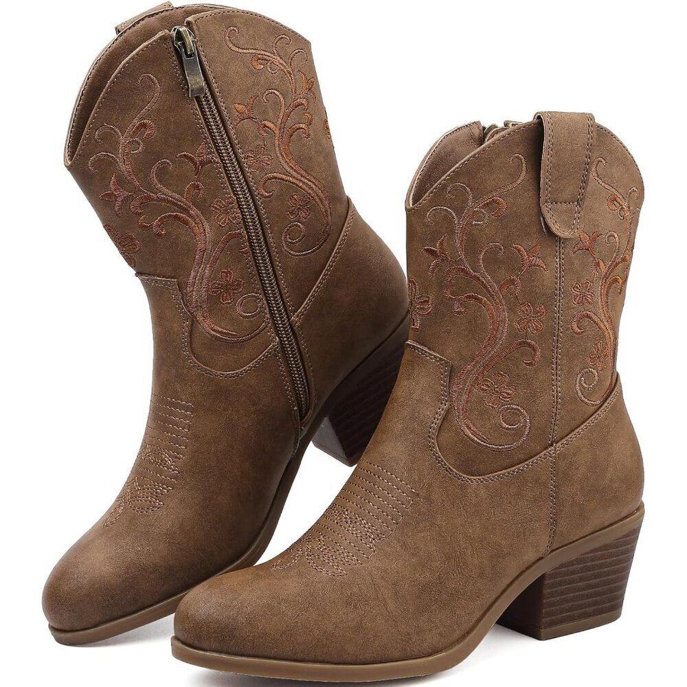 Woman's Brown Rubber Cowgirl Floral Embroidery Stylish Classic Comfortable Boots